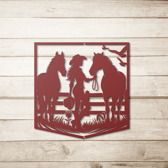 Die-Cut Metal Signs custom image of cowgirl with horses