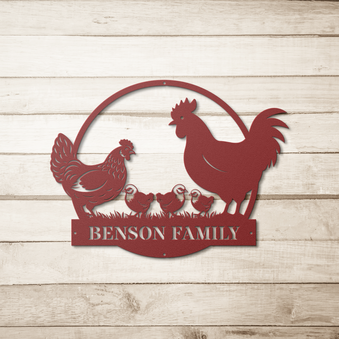 Personalized Custom Metal Farmhouse Sign with Chicken Family