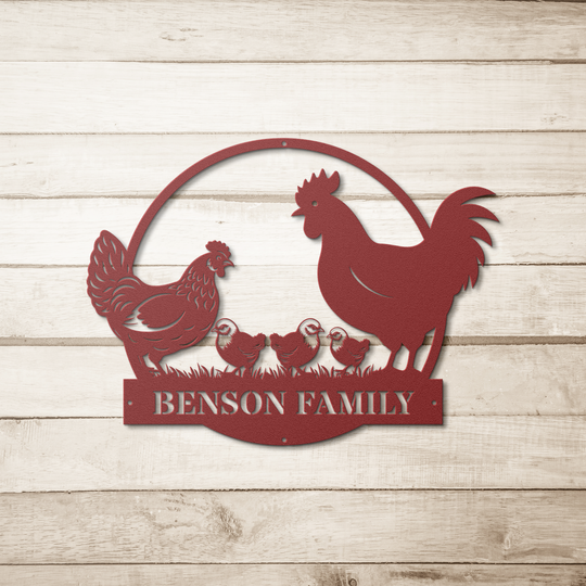Personalized Custom Metal Farmhouse Sign with Chicken Family