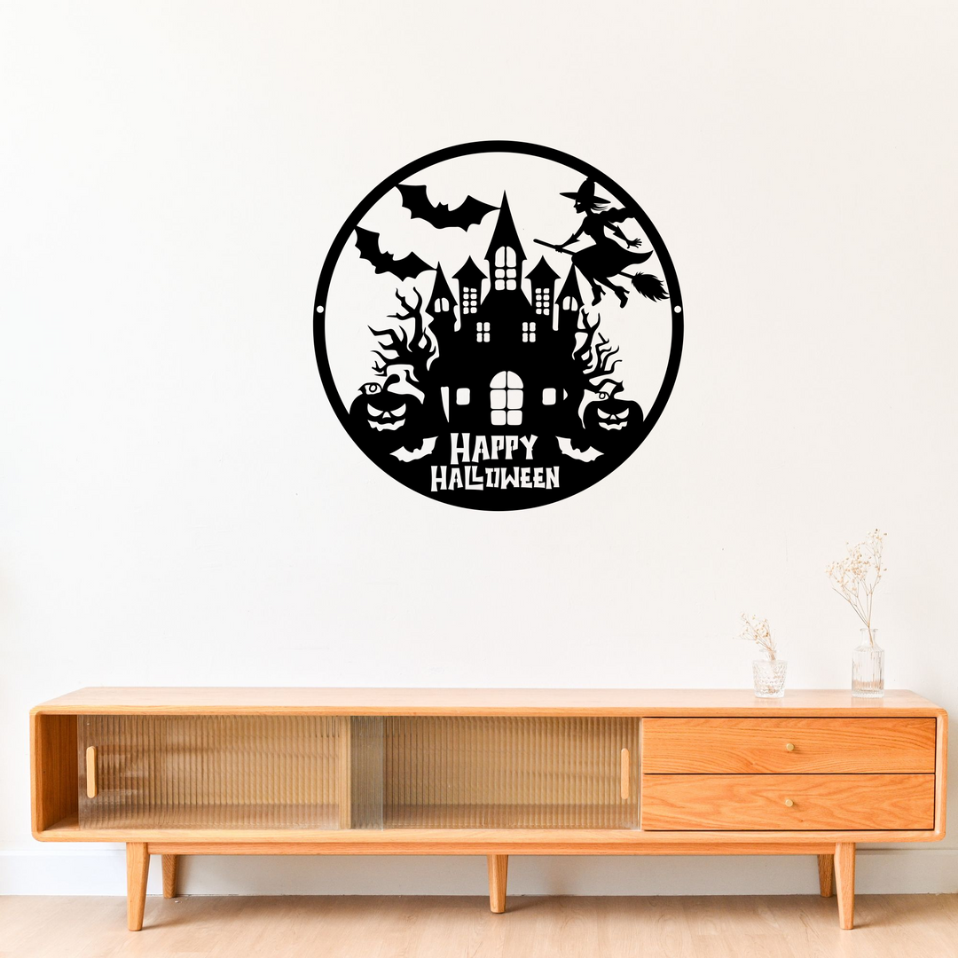 Happy Halloween Haunted House Metal Wall Art Sign