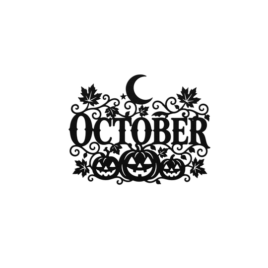October Halloween Metal Sign with Pumpkins and Moon
