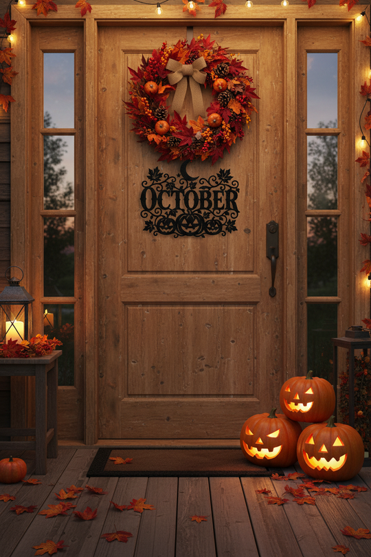 October Halloween Metal Sign with Pumpkins and Moon