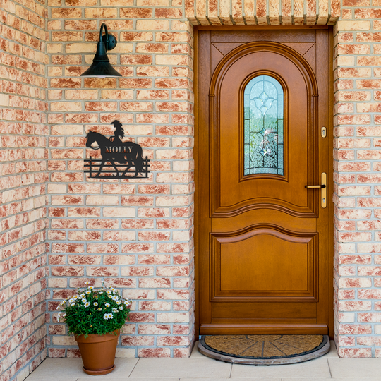 Die-Cut Metal Signs custom text with cowgirl  and horse image