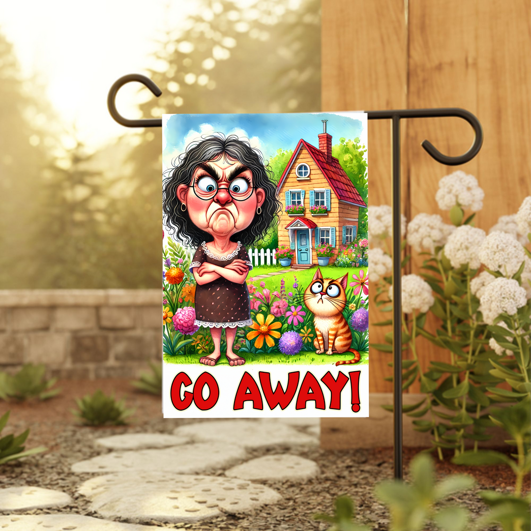 Funny Garden Flag with Grumpy Woman & Cat Art
