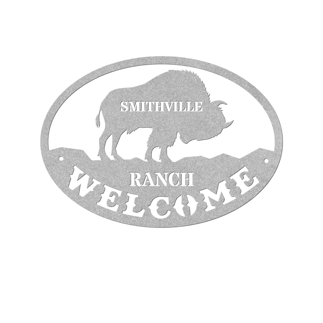 Metal Ranch, Farm Western Decor Metal Signs personalized welcome sign featuring a Bison Wall Art AnywherePOD Silver 36 Inch