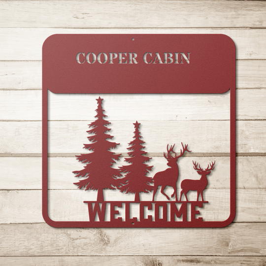 Metal Signs personalized Welcome sign featuring deer & pine trees Wall Art AnywherePOD Red 36 Inch