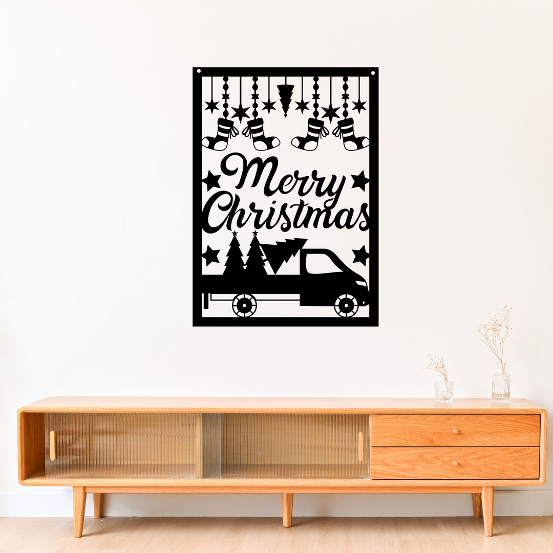 Merry Christmas Metal Wall Sign with Vintage Truck Design