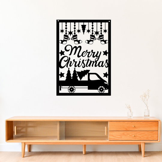 Merry Christmas Metal Wall Sign with Vintage Truck Design