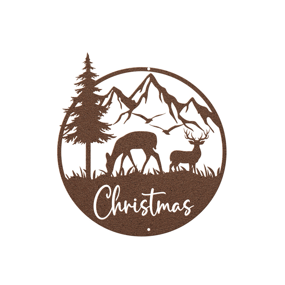 Christmas Deer Metal Sign with Mountain Woodland Scene