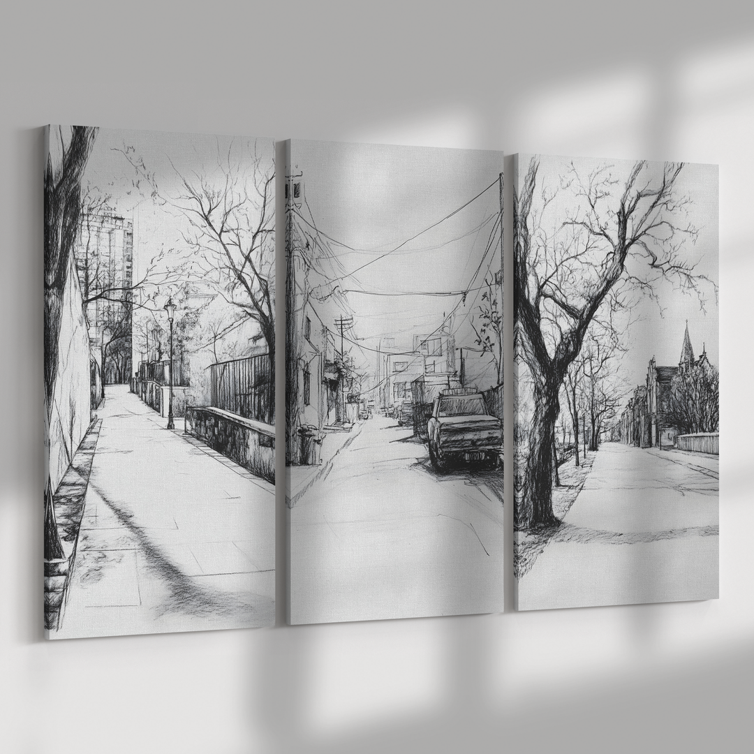 Charcoal Sketch style  Urban Canvas Art - 3 Piece Set