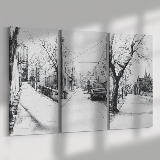 Charcoal Sketch style  Urban Canvas Art - 3 Piece Set