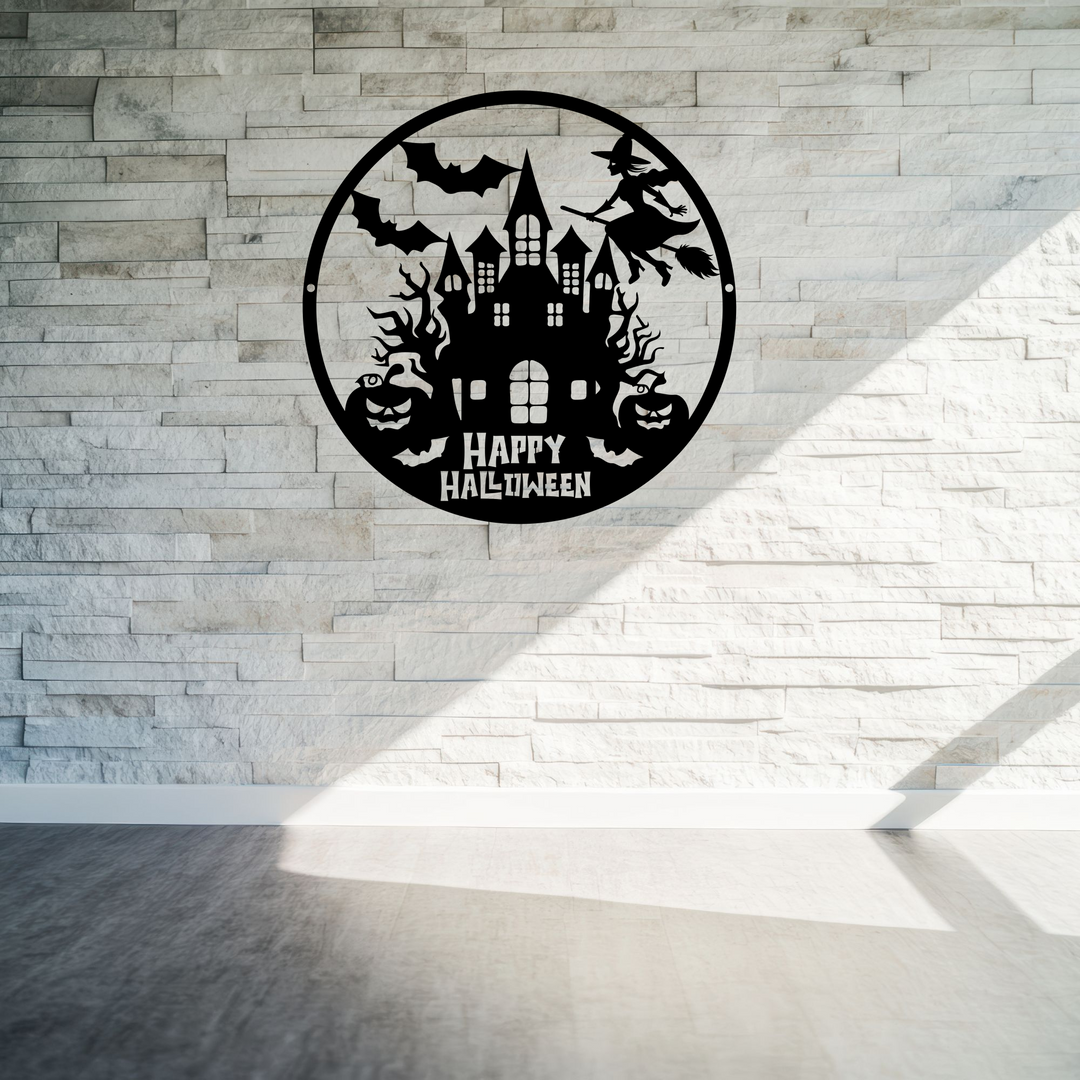 Happy Halloween Haunted House Metal Wall Art Sign