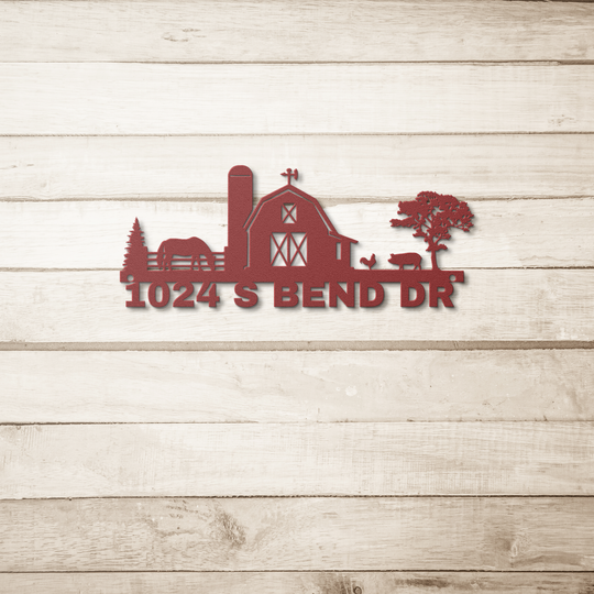 Die-Cut Metal Signs custom text address farm scene Personalized Home Decor AnywherePOD Red 36 Inch