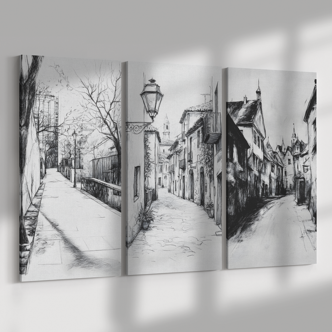 3 Piece Black White Triptych Canvas - Urban Street Scenes charcoal style