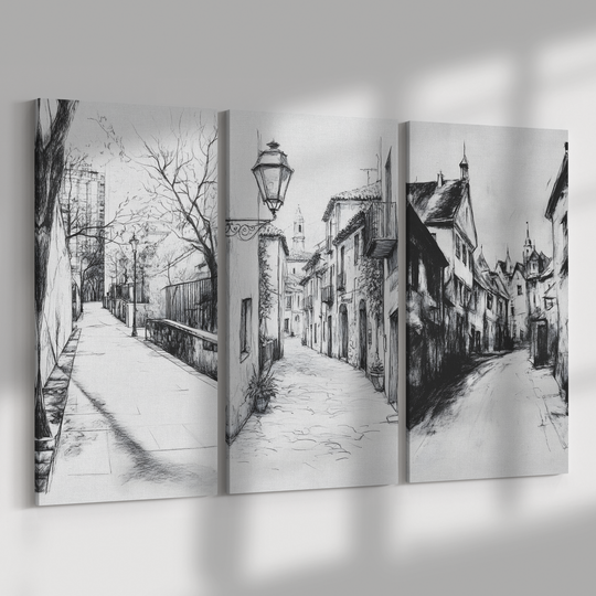 3 Piece Black White Triptych Canvas - Urban Street Scenes charcoal style