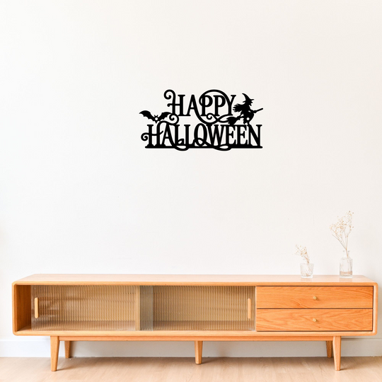 Happy Halloween Metal Sign with Witch and Bat Wall Decor