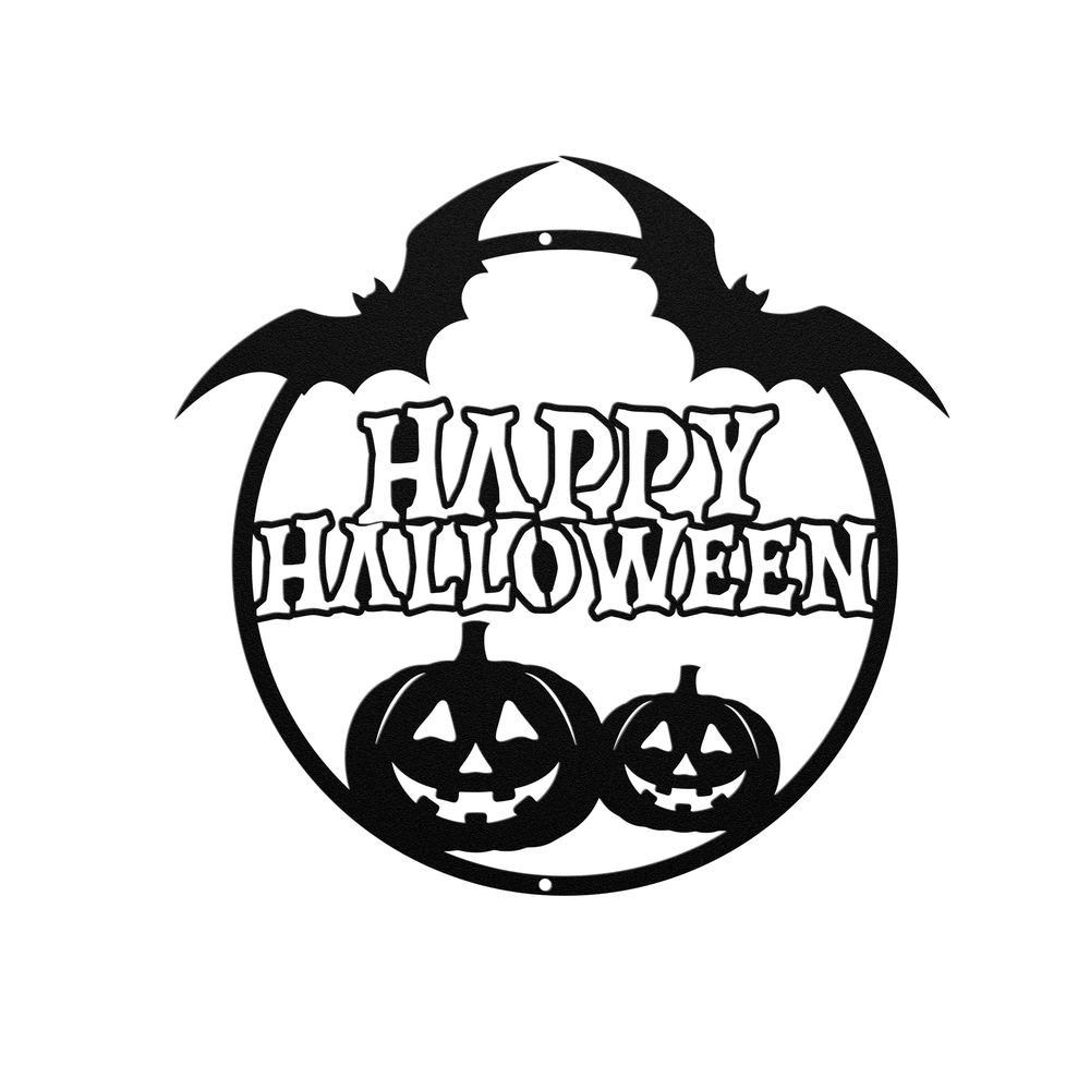 Happy Halloween Pumpkin and Bat Metal Wall Sign