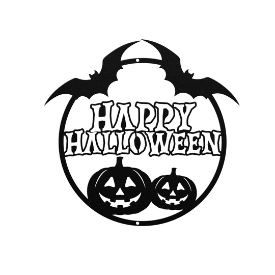 Happy Halloween Pumpkin and Bat Metal Wall Sign