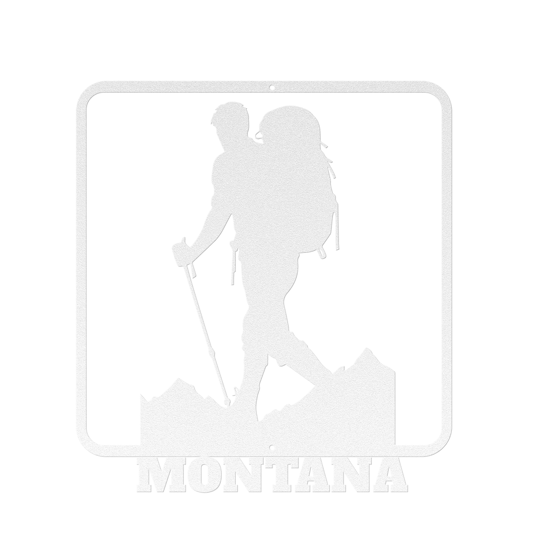 Die-Cut Metal Signs custom text with hiker image