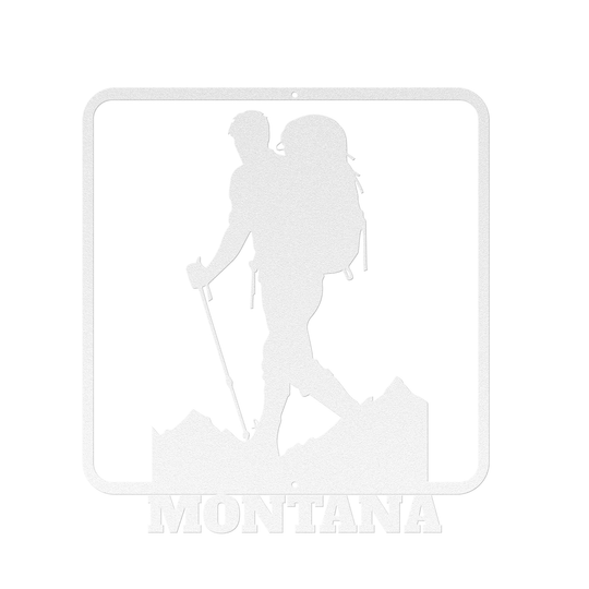 Die-Cut Metal Signs custom text with hiker image