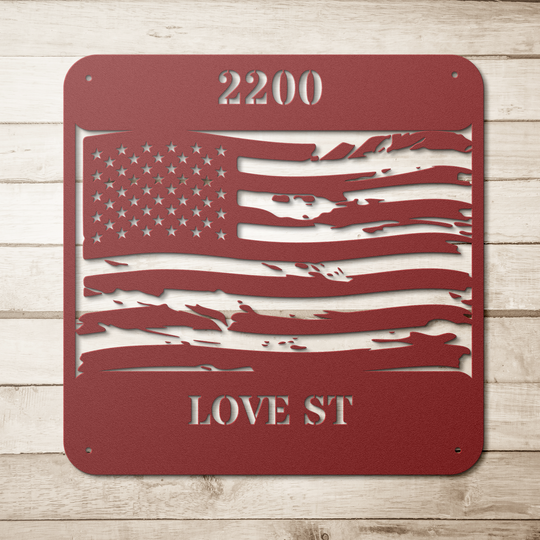 Die-Cut Metal Signs Custom address with tattered flag image