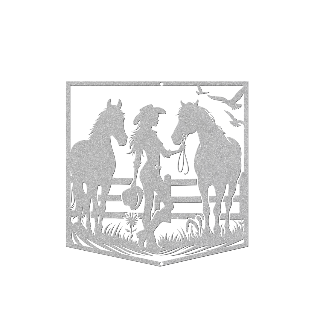 Die-Cut Metal Signs custom image of cowgirl with horses