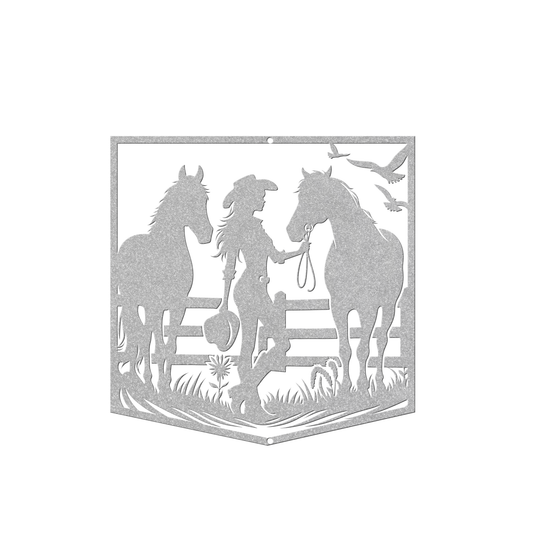 Die-Cut Metal Signs custom image of cowgirl with horses