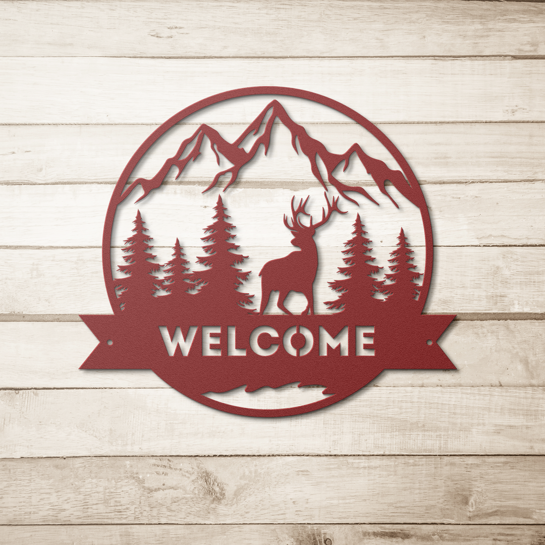 Metal Signs welcome sign featuring a deer image Wall Art AnywherePOD Red 36 Inch