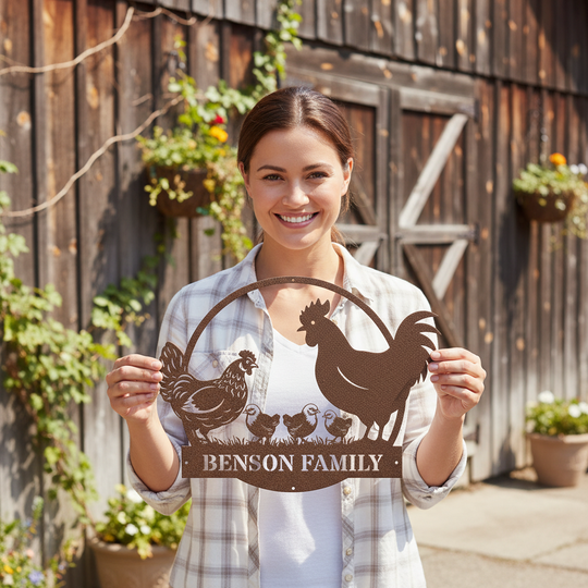 Personalized Custom Metal Farmhouse Sign with Chicken Family