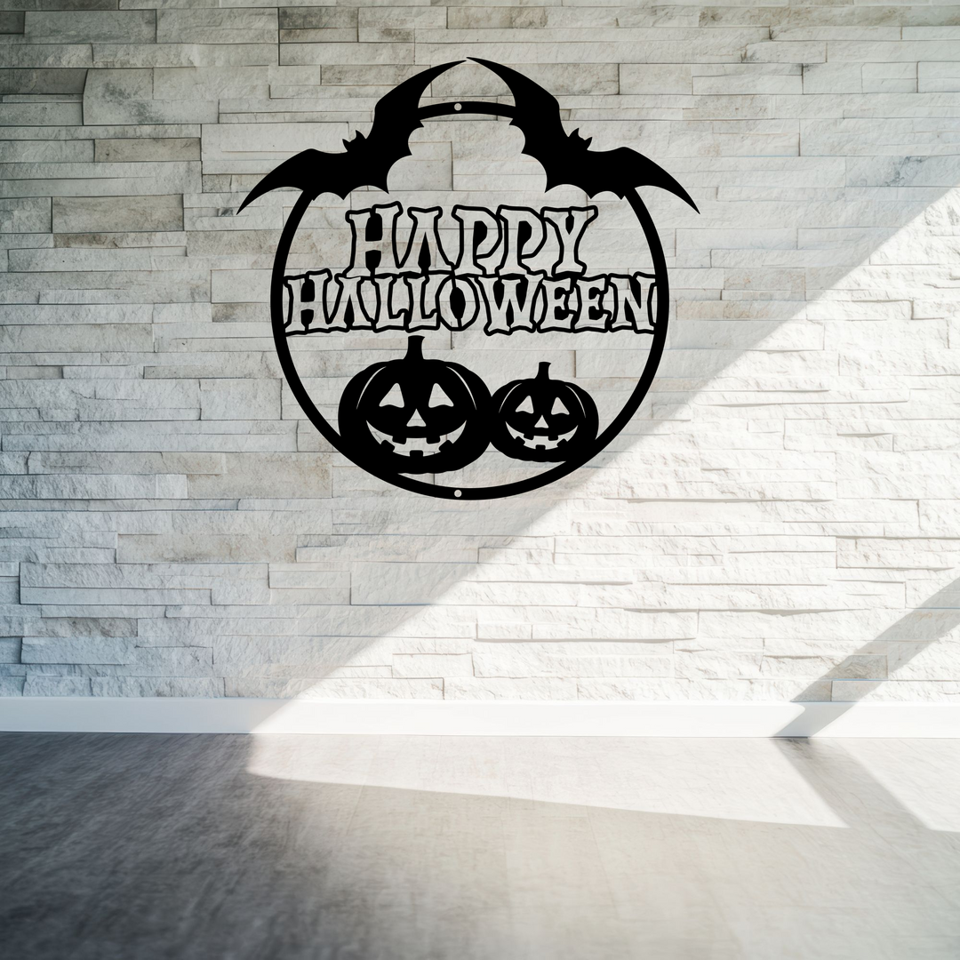 Happy Halloween Pumpkin and Bat Metal Wall Sign