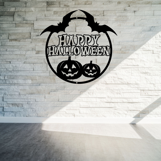 Happy Halloween Pumpkin and Bat Metal Wall Sign