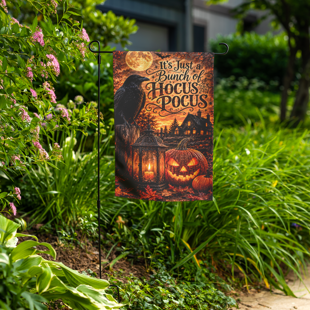 Hocus Pocus Halloween Garden Flag with Raven and Pumpkin