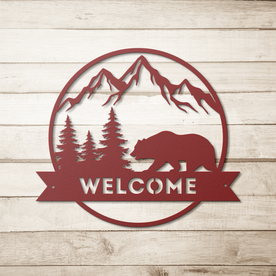 Die-Cut Metal Signs welcome sign with bear image