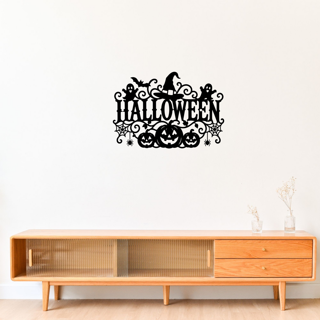 Halloween Metal Wall Sign with Pumpkins, Ghosts and Witch Hat