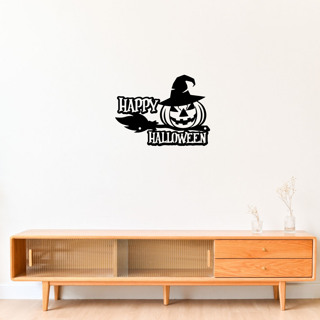 Happy Halloween Metal Sign with Witch Hat, Pumpkin and Cat