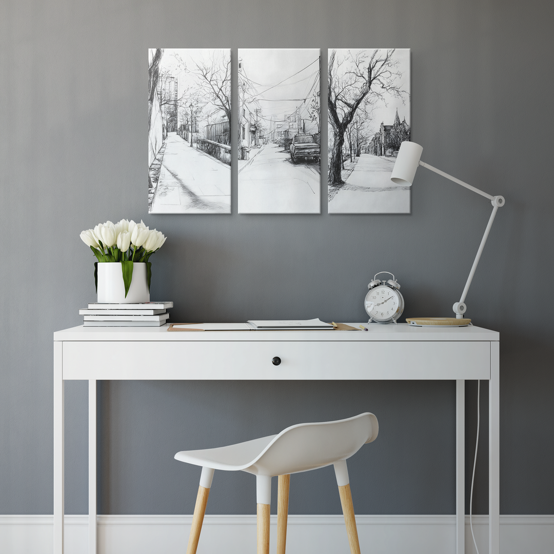 Charcoal Sketch style  Urban Canvas Art - 3 Piece Set