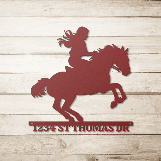 Cowgirl ,Rodeo Die-Cut Metal Signs custom image of cowgirl riding horse personalized address Wall Art AnywherePOD Red 36 Inch