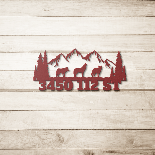 Die-Cut Metal Signs custom text with wolf and mountain image