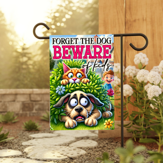 Funny Garden Flag - Beware of Kids Sign with Cat and Dog