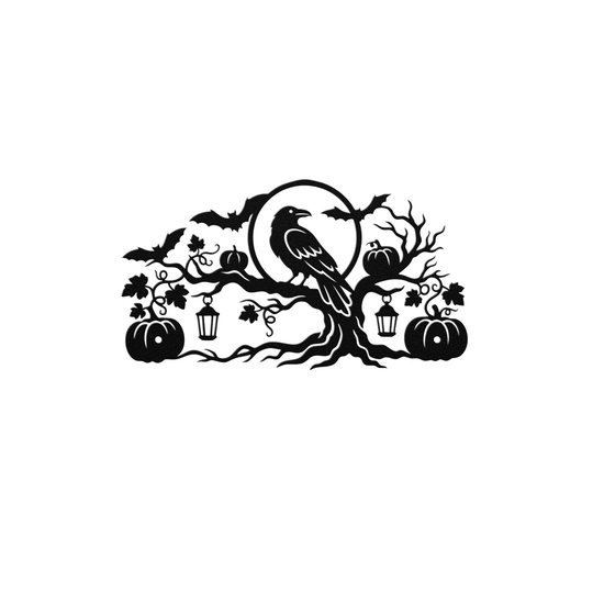 Halloween Raven Metal Wall Art with Pumpkins and Twisted Tree