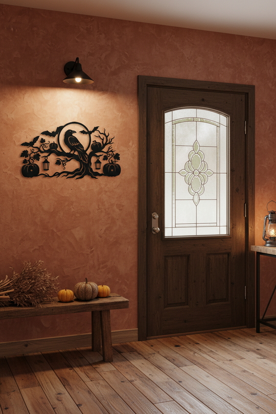 Halloween Raven Metal Wall Art with Pumpkins and Twisted Tree