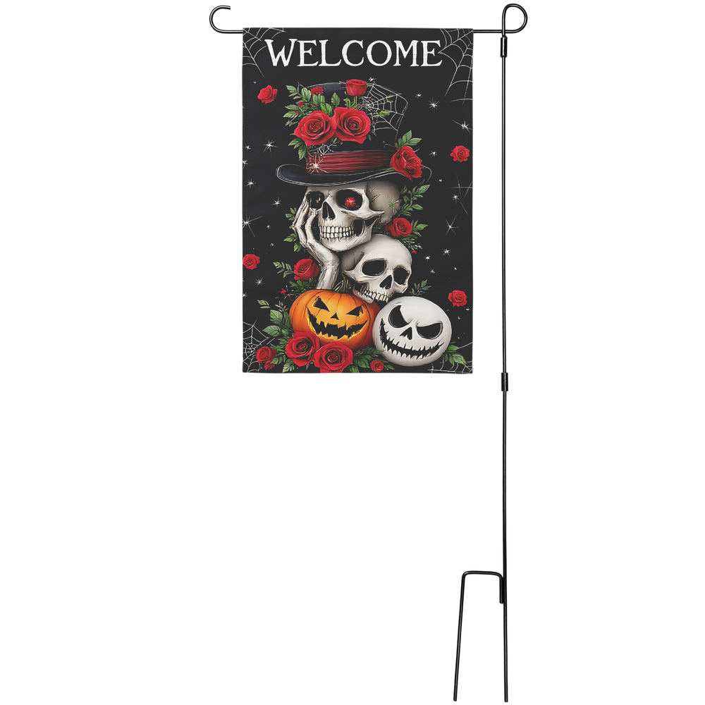 Gothic Halloween Skeleton Garden Flag with Roses and Pumpkin