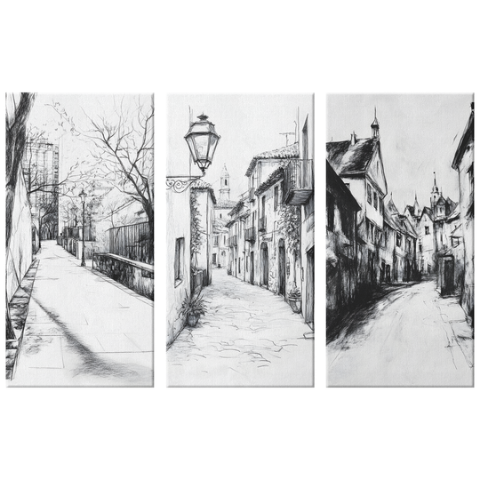 3 Piece Black White Triptych Canvas - Urban Street Scenes charcoal style