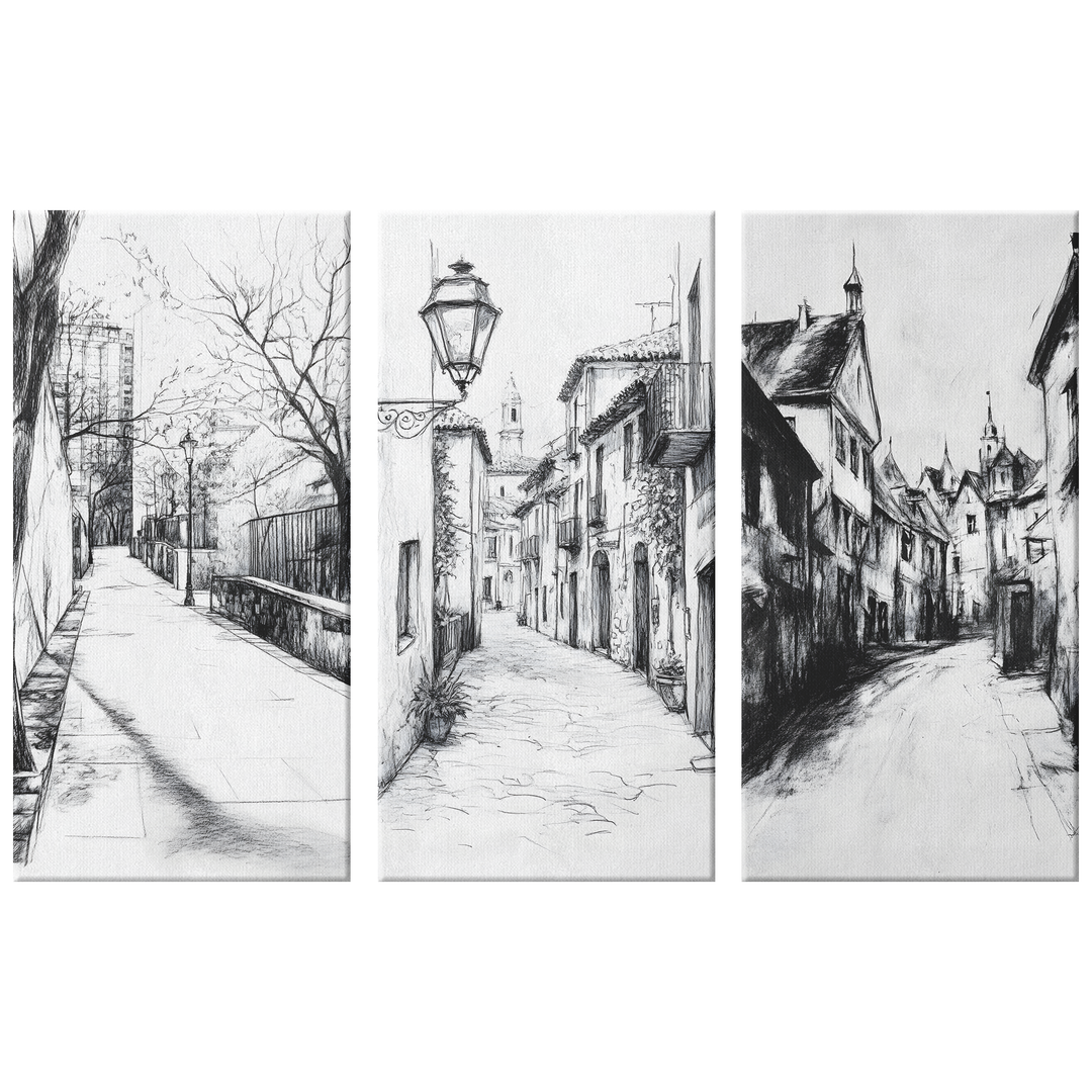3 Piece Black White Triptych Canvas - Urban Street Scenes charcoal style