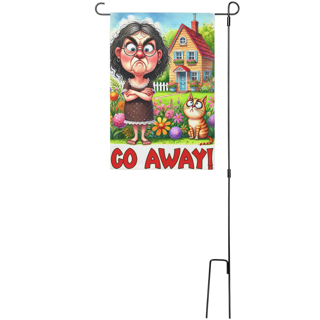 Funny Garden Flag with Grumpy Woman & Cat Art