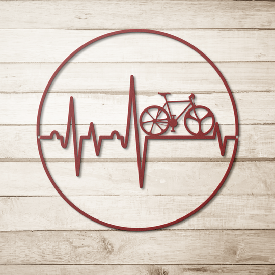 Bike Love Metal Signs featuring a heartbeat and a bike Wall Art AnywherePOD