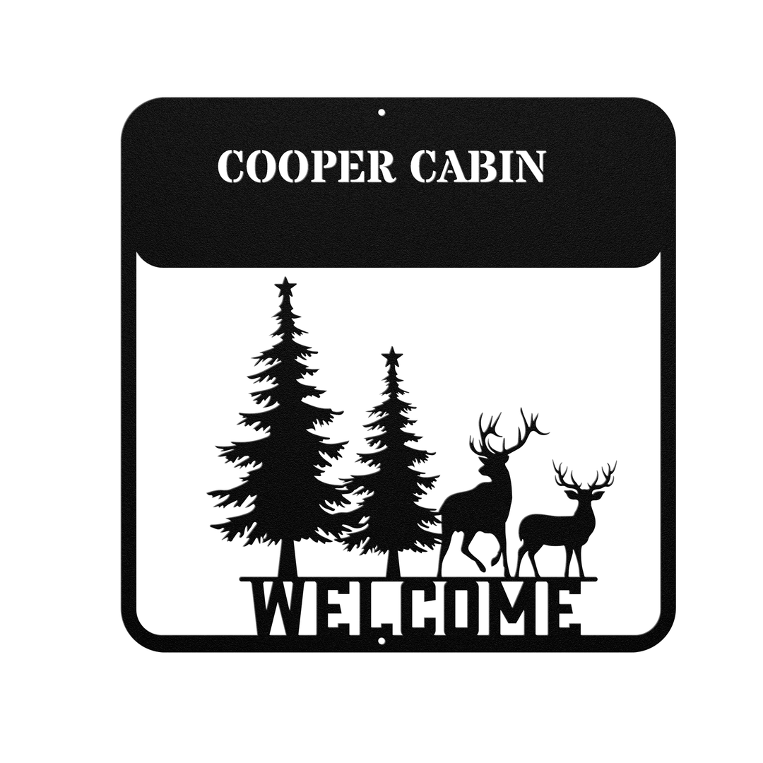 Metal Signs personalized Welcome sign featuring deer & pine trees Wall Art AnywherePOD