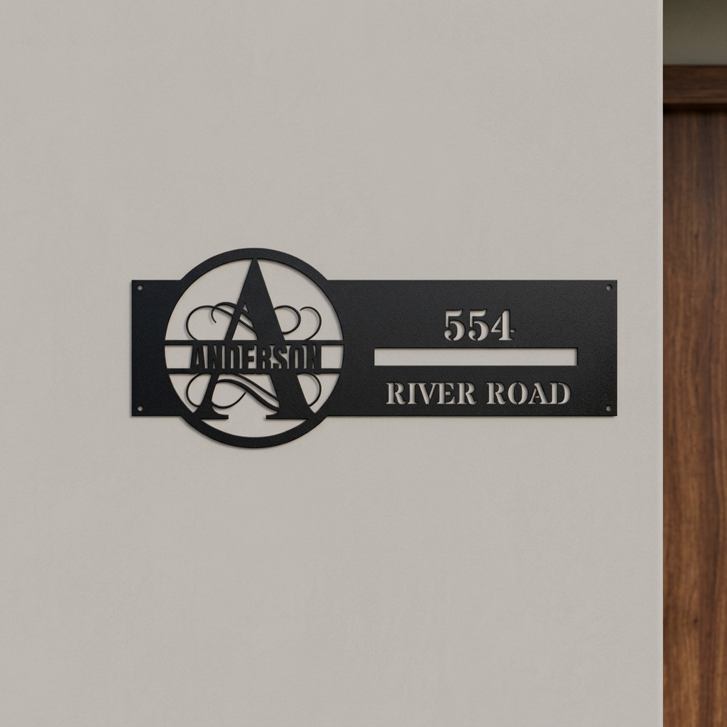 A-monogram metal address sign beside a front door