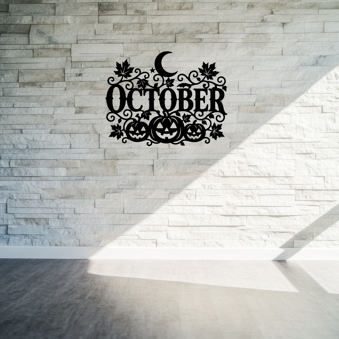October Halloween Metal Sign with Pumpkins and Moon