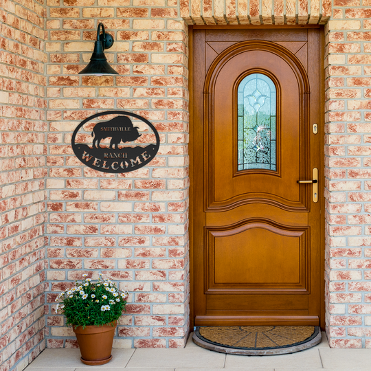 Metal Ranch, Farm Western Decor Metal Signs personalized welcome sign featuring a Bison Wall Art AnywherePOD Black 12 Inch